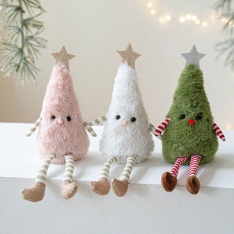 1pc Cute Plush Christmas Tree Hanging Ornament With Star And Striped Socks - Pink, White, Green Fabric Holiday Decor, Suitable For Home Living Room Window, No Electricity Needed, Perfect For Christmas, New Year, Winter Season, Porch Party, Autumn Collection