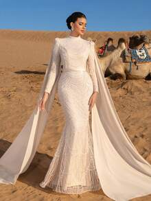 Faeriesty Langärmeliges Abendkleid mit Stehkragen, fließendem Cape und Fischschwanzsaum - geeignet für Galas, rote Teppiche, Hochzeiten, formelle Abendessen und andere formelle Anlässe - Champagnerfarben - Übersicht 8