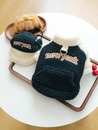 2 件宠物狗猫快乐小狗小型犬泰迪博美犬可爱休闲时尚服装组合 - 羊毛连帽衫 + 帽子，橄榄绿