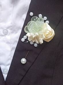 1pc Unisex Cream Pearl Rose Boutonniere, Wedding Bridal Party Groomsman Accessory, Daily Wear - Multicolor - View 5