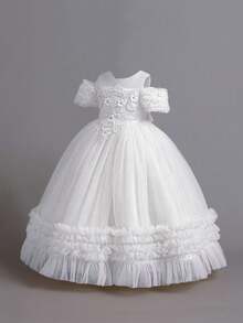 女童贴花荷叶边薄纱优雅晚礼服，适合钢琴演奏会、派对、花童等场合，不含头饰