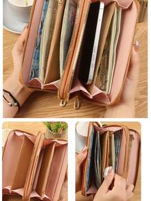 2025新款女士长款钱包双拉链手拿包刺绣时尚大容量软皮手机夹女士钱包钱包Y2K腕带钱包 - 粉色 - 查看 8