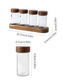 1 件/5 件套玻璃香料罐，带红木盖，方形玻璃瓶带支架，密封胡椒和调味容器 - 棕色 - 查看 3