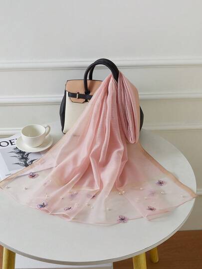 Élégant 1 pièce nouvelle écharpe d'automne et d'hiver imitation soie papillon brodé et perles pour echarpe femmes, châle mince à la mode pour se réchauffer