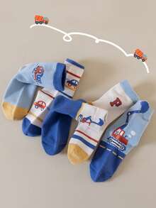 5 Pairs Kids Boys' Cartoon Car Print Crew Socks (1-12 Years Old) - Soft And Simple Mid-Calf Socks Suitable For Boys, Versatile For Student, Casual Street Style, Suitable For All Seasons Outdoor And Daily Wear