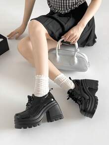 Giày Oxford Mary Jane đế dày, cao gót siêu cao 10cm, kiểu Anh, chất liệu da bóng, kiểu dáng casual, buộc dây, thích hợp cho nữ. - màu đen - Xem 5