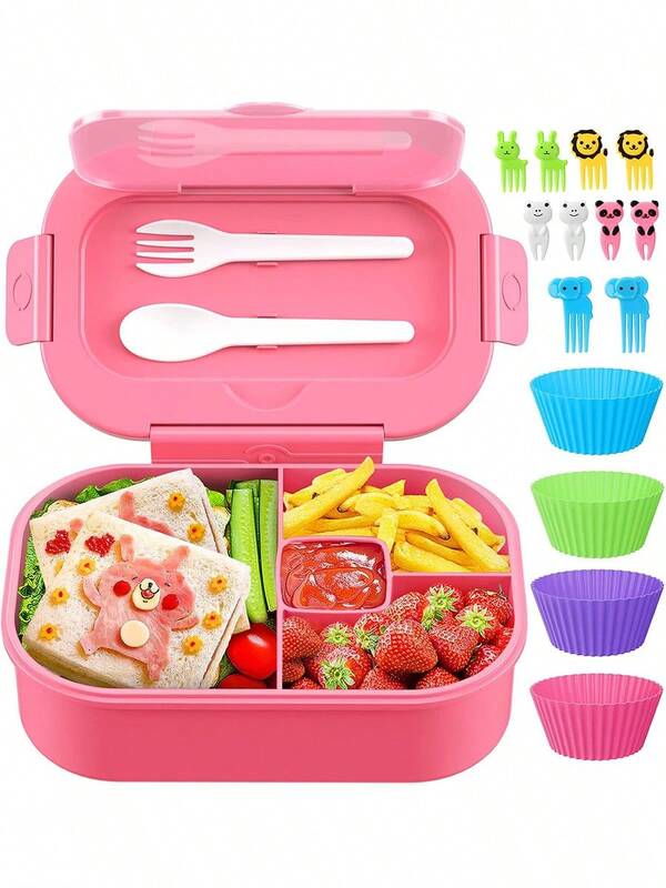 44oz Leakproof Kids Bento Lunch Box – 4 Compartment Meal Container With Cutlery, Reusable School Lunch Box For Snacks & Back To School (Bento-Style)