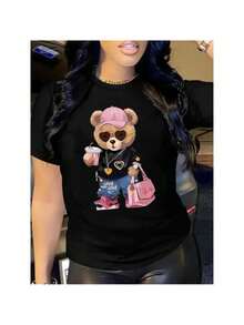 Women's Casual Cartoon Bear Graphic T-Shirt Fall Women Clothes -Black Short Sleeve Round Neck All-Season Stylish Accessories Design Casual Wear Playful Design Comfortable Fit - Black - View 1