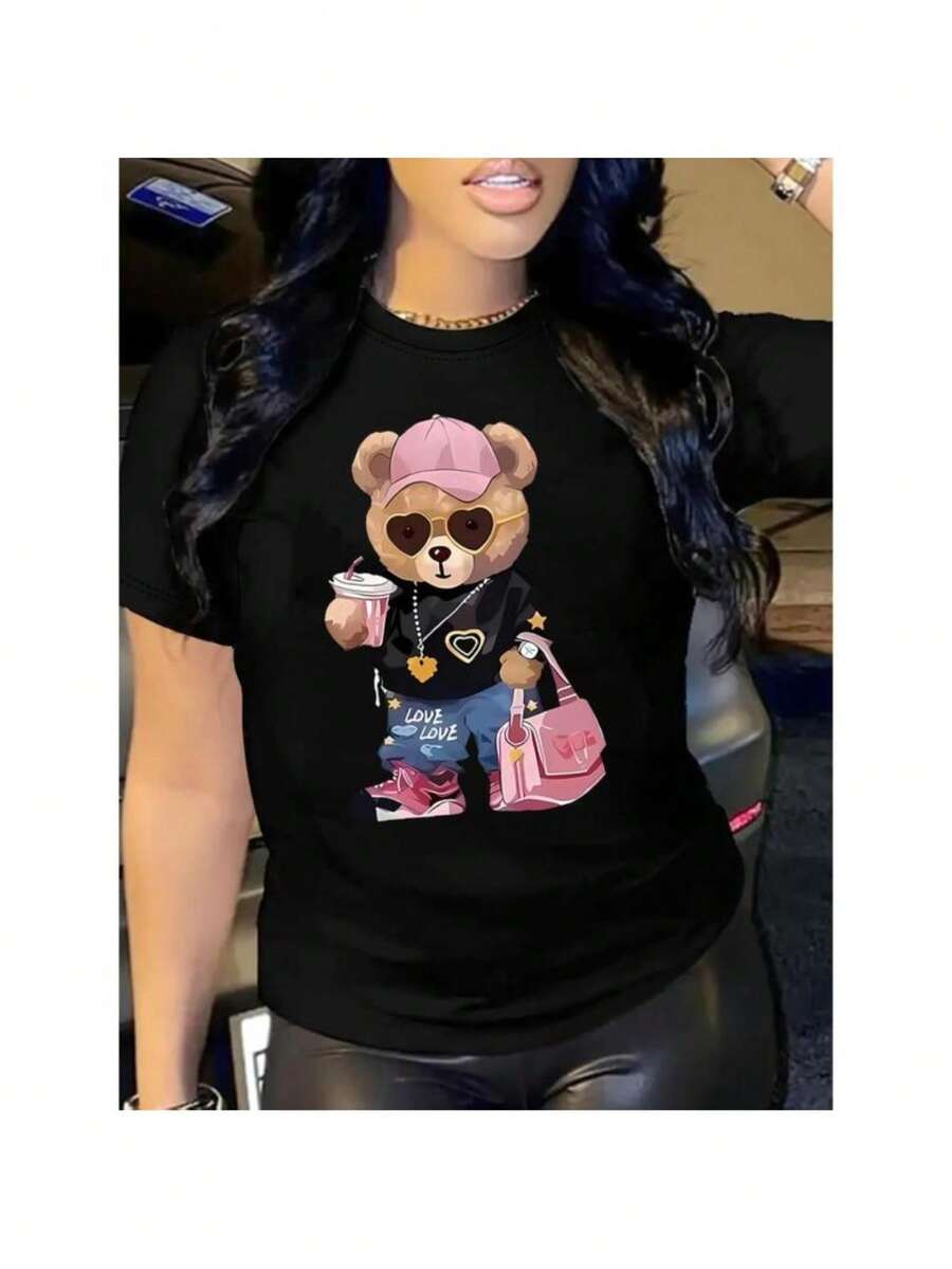 Women's Casual Cartoon Bear Graphic T-Shirt Fall Women Clothes -Black Short Sleeve Round Neck All-Season Stylish Accessories Design Casual Wear Playful Design Comfortable Fit - Black - View 1