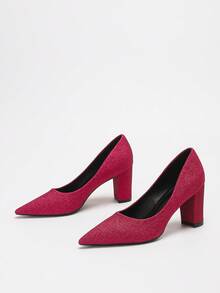 1 Par de Saltos Altos Pontudos Vermelhos Brilhantes, Elegantes, Confortáveis e Sensuais, Design de Salto Grosso, Sapatos Formais Feitos com Materiais Premium e Sola de Borracha Antiderrapante, Adequados para Férias, Casamentos, Formaturas, Galas, Festas e Eventos à Noite