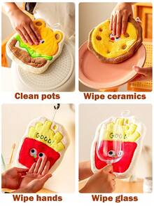 Cute Coral Fleece Hand Towel, Cartoon Fries And Hamburger Hanging Towel, Three-Layer Thick Baking Towel, Strong Absorbent Kitchen Towel, Cleaning Rag Tool, Rag Handkerchief, Bathroom Absorbent Square Towel, Thickened And Enlarged Towel - Can Be Used As A Placemat, No Fading, No Linting, Soft And Skin-Friendly, A Variety Of Styles Are Available. Can Be Used To Wipe Ceramics/Tableware/Glass