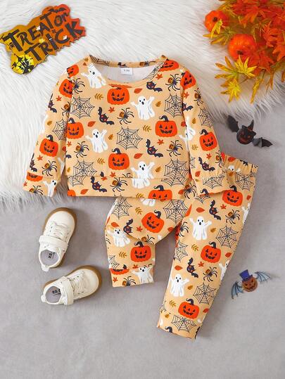Conjunto de primavera/otoño de la serie de Halloween para niños pequeños, con parte superior de manga larga de cuello redondo con estampado digital y pantalones con estampado digital