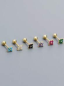 1PC S925 Sterling Silver Stud Earrings, Four-Leaf Clover Inlaid Zirconia Dopamine Series Piercing Stud Earrings, Ladies' Floral Zirconia Threaded Stud Earrings Layered Earrings - Single Earring - View 6