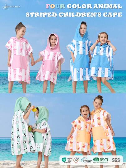 SHENG CHUN Original Design Cute Animal Striped Print Children's Hooded Robe, Suitable For Multi-Age, Absorbent, Large Pocket, Super Soft Fiber, Essential For Home, Beach, Swimming, Bathing, Spa, Can Dry Hair & Body, Non-Shedding, Reusable