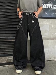 1件复古美式拼接牛仔裤，时尚百搭宽松阔腿男士裤（产品不含腰带和配饰） - 黑色 - 查看 8