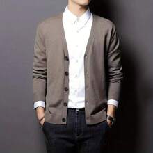 Men's V-Neck Casual Cardigan, Minimalist Warm Slim Fit Knitted Sweater, Suitable For Spring And Autumn Season - màu nâu - Xem 2