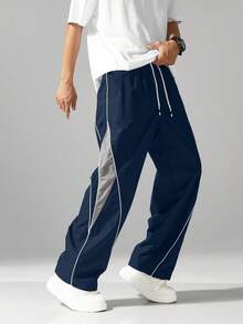 Men 1pc Comfortable Elastic Waist Drawstring Casual Straight Loose Wide Leg Pants, Sporty Contrast Color, Fall