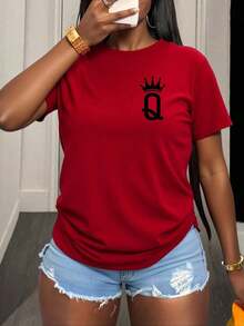 Women's Slim Fit Short Sleeve Casual T-Shirt With Printed Number For New Year Clothing, Graphic Blouses For Women Shirts Tops - 紅色的 - 查看 1