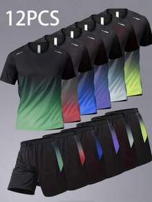 12 Sets Of Men's Sports Suits, Short-Sleeved Short Pants Sets, Summer/Autumn Sports Suits, Shorts, Sports Clothing, Breathable Short-Sleeved T-Shirts, Basketball Sports Suit Sets, Suitable For Running, Cycling, And Fitness. Halloween, Christmas, Holiday Gifts. - 多色3 - 查看 1