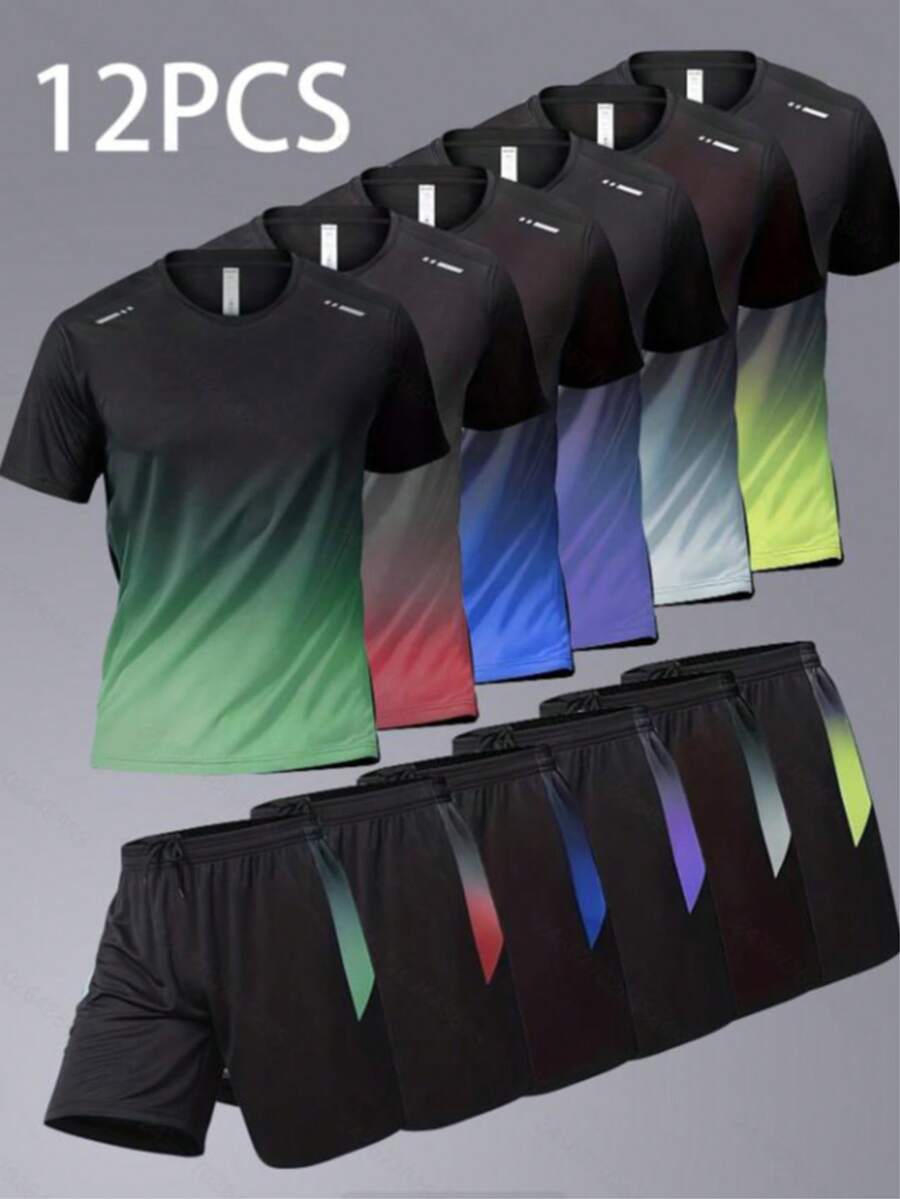 12 Sets Of Men's Sports Suits, Short-Sleeved Short Pants Sets, Summer/Autumn Sports Suits, Shorts, Sports Clothing, Breathable Short-Sleeved T-Shirts, Basketball Sports Suit Sets, Suitable For Running, Cycling, And Fitness. Halloween, Christmas, Holiday Gifts. - 多色3 - 查看 1
