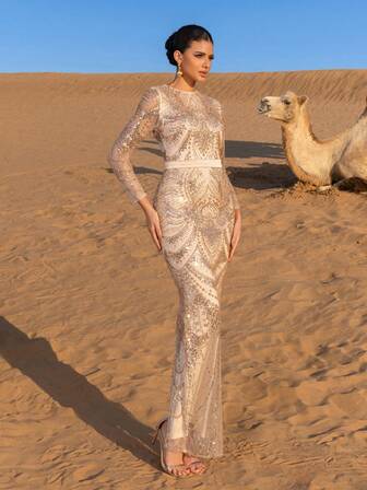 Faeriesty Haute Glamour Luxury Sparkly Beaded Sequin Evening Gown With High Neckline, Intricate Scalloped & Fan-Shaped Sparkle Patterns, Back Slit | Luxe Formal Design For Weddings, Galas, And Red-Carpet Events​ For Women