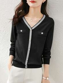 Contrast Trim V-Neck Knit Sweater For Women, New Autumn/Winter Long Sleeve Pullover Soft Fitted Top, Commuter Style