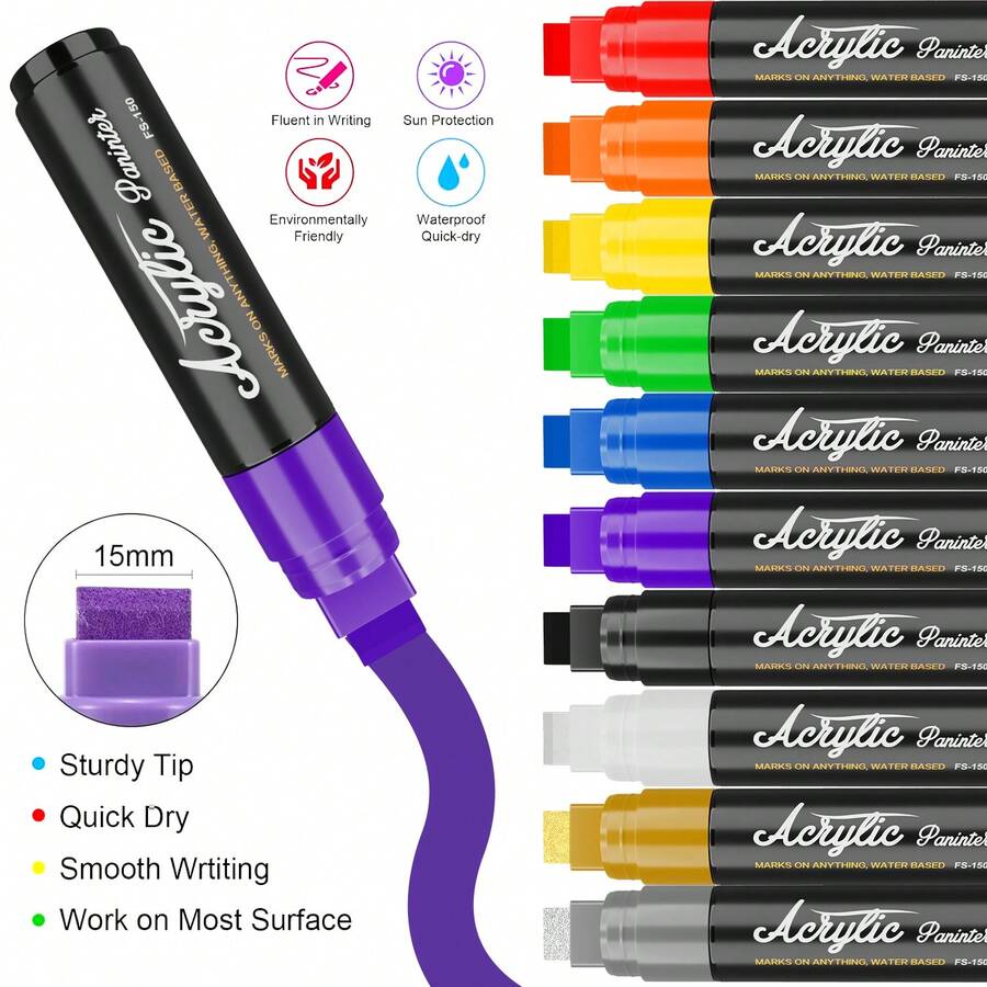 10 Colors Jumbo Markers - 15mm Extra Large Felt Tip Acrylic Paint Pens With 2 Metallic Colors, Vibrant & Long-Lasting Ink For Rock, Wood, Ceramic, Glass, Canvas, Eggs, Pumpkins, Posters - Multi-Surface Art Supplies For Crafts, DIY, Home Decor, Crafting Supplies, Versatile Drawing Tools, Bold Color Payoff