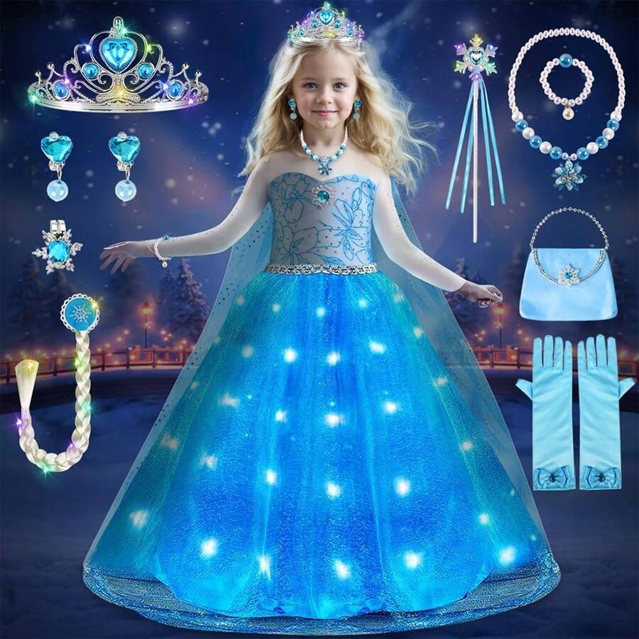 Princess Costumes For Girls, LED Light Up Anna Dress Up With Luminous Crown Necklace Sets, Anna Princess Dress, Costume Kids Fancy Dress For Carnival Party - 彩色 - 查看 1
