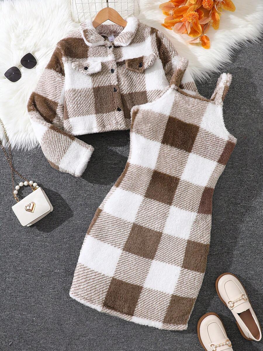 2pcs Girls Warm & Fashionable Outdoor Outfit, Long Sleeve Contrast Plaid Fuzzy Button Jacket And Autumn/Winter Suspender Dress