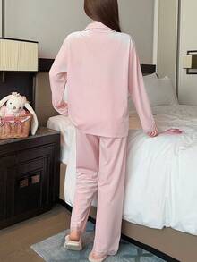 2pcs Pink Jacquard Velvet Sleepwear Set For Women, Lace Patchwork Lapel Collar Loungewear, Autumn/Winter, Fall Clothes