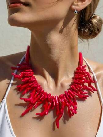 1 pieza Collar de coral de resina bohemio vintage, collar corto de cadena de suéter con cuentas de coral hechas a mano para mujer, collar de vacaciones