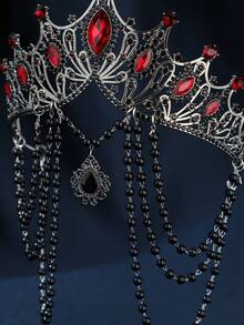 1pc Women's Baroque Tassel Crown, Elegant Faux Pearl Headpiece, Goddess Tiara, Black Vintage Costume Accessory Valentine's Day Accessories,Wedding Hair Accessories - Đỏ - Xem 6