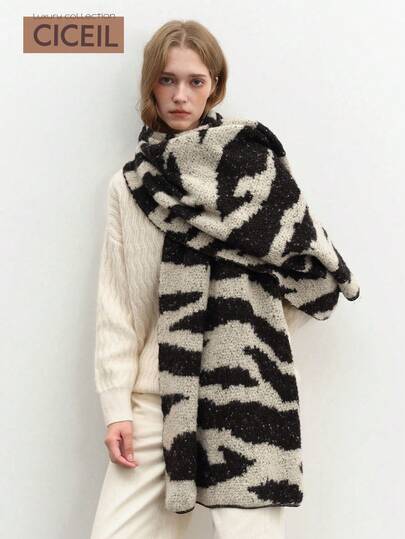 1 pieza Bufanda de punto con estampado de cebra de moda minimalista y casual, chal de invierno para mujer