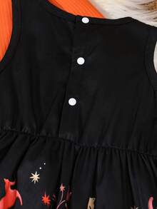 2pcs/Set Girls Halloween Castle & Bat Print Round Neck Sleeveless Dress And Short Sleeve Jacket Outfit - Multicolor - View 7