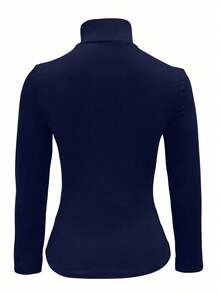 Elegant Solid Color Long Sleeve Turtleneck Slim Fit T-Shirt, Suitable For Spring And Autumn - Navy Blue - View 5