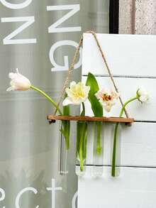 Probówka do roślin hydroponicznych, wiszący wazon na ścianę, wiszący stojak na kwiaty z drewnianej liny, innowacyjny dekoracyjny szklany pojemnik