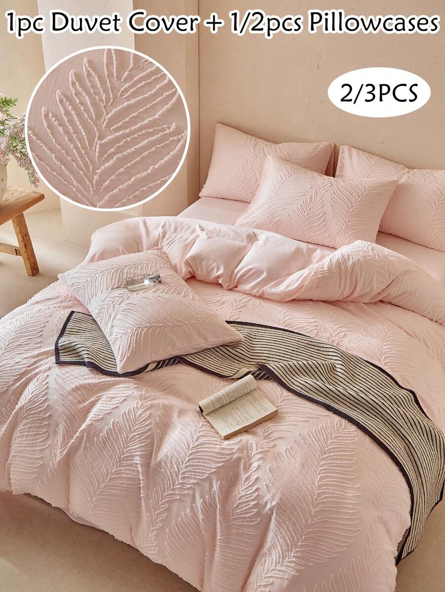 2/3PCS Pink Leaves Tufted Textured Polyester Duvet Cover Set, Boho Shabby Chic Bedding Set For All Seasons Use, Modern Bohemia Style, Soft& Breathable, Durable, Machine Washable (1 Duvet Cover+ 1/2 Pillowcases, No Filler)