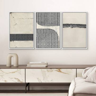 Framed Canvas Print Wall Art Set Black Tan Grunge Grid Polygon Pattern Abstract Shapes Cozy Neutral Decorative Contemporary Minimal For Living Room, Bedroom, Office