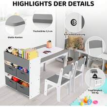 Kids Table And Chair Sets, Art Table With Storage Space, Wooden Children Drawing Table With Paper Wheels And 4 Storage Boxes, Toddler Table And Chairs Set For Drawing, Crafting, Writing, Learning - 灰色 - 查看 6