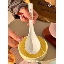 Cream-Colored Soup Spoon, Highly Attractively Large Spoon, Ceramic Porridge Spoon, Long Handle, Simple Soup Spoon, Household Tableware, Large Size, Suitable For Soup And Rice