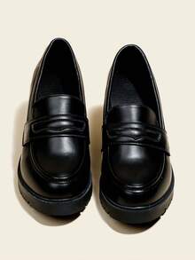 秋冬女士黑色厚底高跟鞋，防水厚底乐福鞋，工作鞋，漆皮正装鞋，优雅 - 黑色 - 查看 2