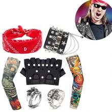 9Pcs Heavy Metal Rockstar Costume Set, Punk Gothic Rock Star Accessories With Fake Tattoo Sleeves Covers Bandana Black PU Gloves Bracelet Rings Fancy Dress For Women Men Adult Rock And Roll Costume 80s 90s Disco Carnival Halloween Cosplay Dress Up Party Supplies
