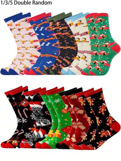 1/3/5 Pairs Random Coral Fleece Socks, Christmas Theme, Thickened Plush Cartoon Soft Half Fuzzy Socks For Autumn/Winter, Comfortable & Breathable
