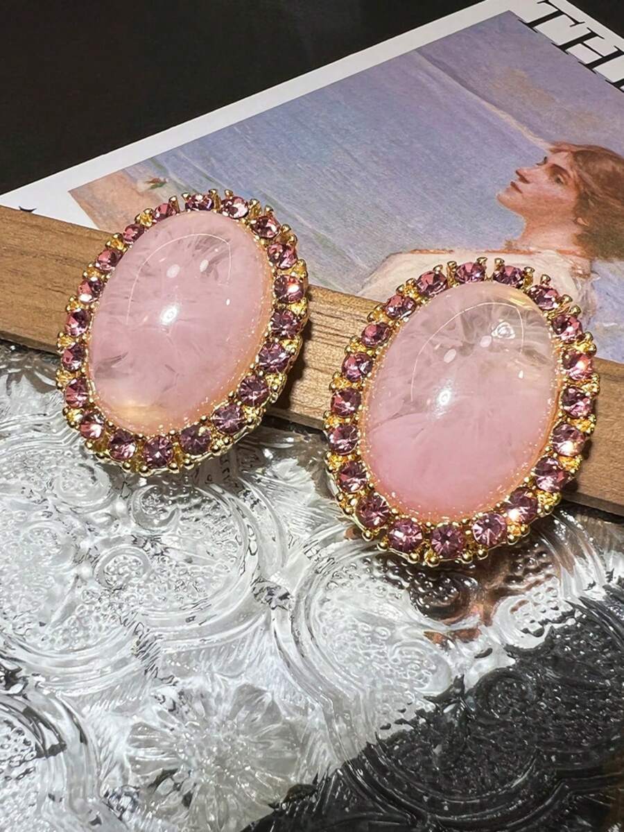 1 对椭圆形金属和树脂水晶耳环，时尚欧美风格耳环，适合女士和女孩，适合旅行、婚礼、派对、生日、圣诞节礼物 2025 - 粉色 - 查看 1