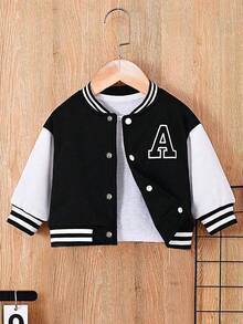 1pc Toddler Boys' Contrast Color Long Sleeve Casual Baseball Jacket With Letter Print Decor, Suitable For Autumn/Winter
