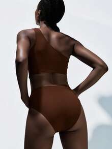 SHEIN Summer Beach Solid Color Asymmetric One Shoulder Bra & Swim Bottom Bikini Set Carnival Bathing Suit - Coffee Brown - View 4