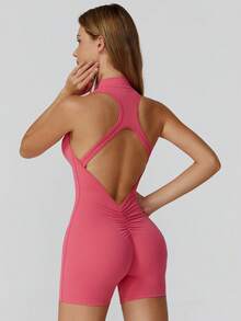 MASKERT Mono de yoga para mujer, mono deportivo de manga corta para ejercicio, de secado rápido y alta elasticidad - Rosado Sandía - Ver 3