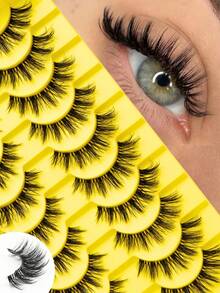 10 Pairs Of Soft And Fluffy False Lashes,Natural Transparent Stem,3D Fluffy Striped Short Curl Eyelashes, Thick Faux Mink Full Strip Eyelashes, The Secret Of Widening Your Eyes ,Beginner-Friendly And Reusable - 俄羅斯條狀假睫毛 - 查看 9
