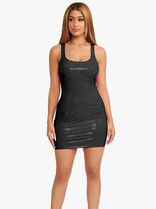 Women's Faux Leather Mini Dress Sleeveless Bodycon Tank Dress Short Leather Scoop Neck Dresses Party Clubwear Dress - 黑色 - 查看 2
