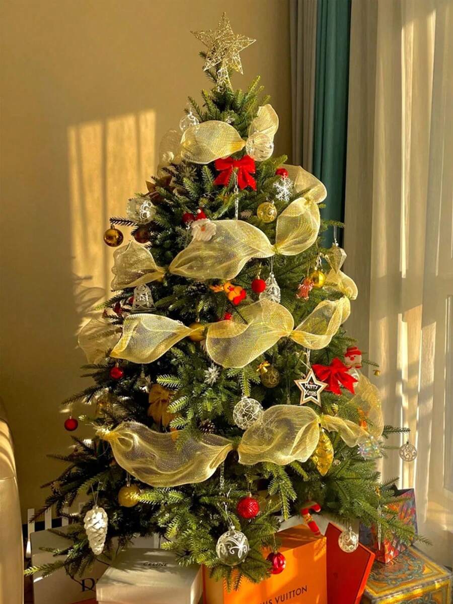 1pc Metallic Mesh Ribbon Roll, DIY Christmas Tree Decor, Shiny Mesh For Wedding, Christmas Decoration, Gift Wrapping Home Decor Christmas Decorations Room Decor Winter